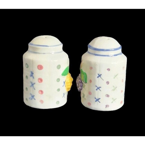 White Ceramic With Grapes & Colorful Dots Vintage Salt And Pepper Shakers - Picture 5 of 6